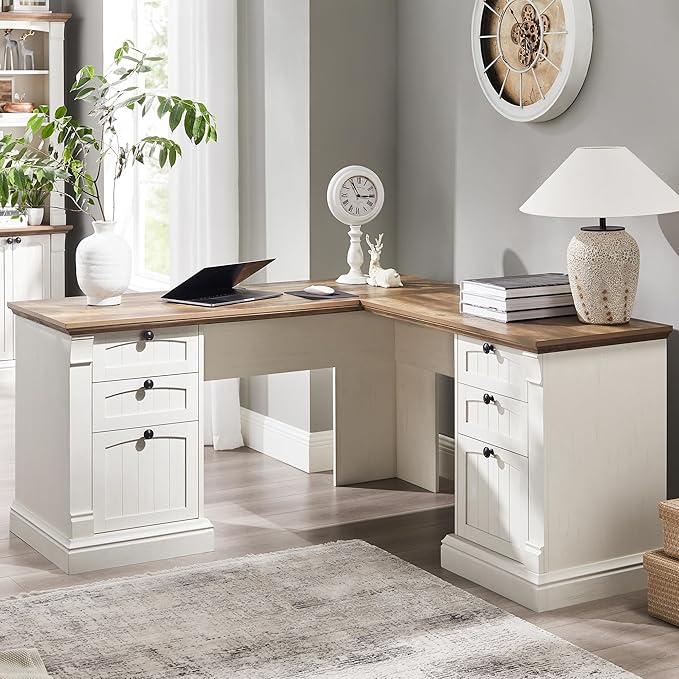 OKD 60" L Shaped Executive Desk with Drawers, Farmhouse Home Office Desk with Charging Station, File Cabinet Storage, Wood Corner Computer Desk for Work and Study, Antique White