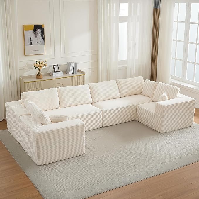 Modular Sectional Cloud Couch for Living Room,Modern Boneless Couche Set with Plush Corduroy,Comfy Floor Sofa with Memory Foam,Stupendous U Shaped Sofa,No Assembly Required,Beige