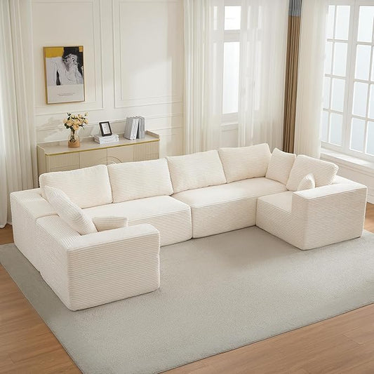 Modular Sectional Cloud Couch for Living Room,Modern Boneless Couche Set with Plush Corduroy,Comfy Floor Sofa with Memory Foam,Stupendous U Shaped Sofa,No Assembly Required,Beige