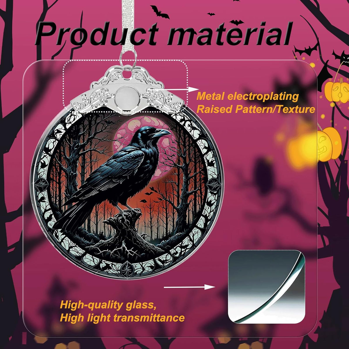 Crow Under Moonlight Halloween Christmas Tree Stained Glass Ornament - Hanging Ornaments for Christmas Tree Decorations - Holiday Keepsake Present Exchange Idea
