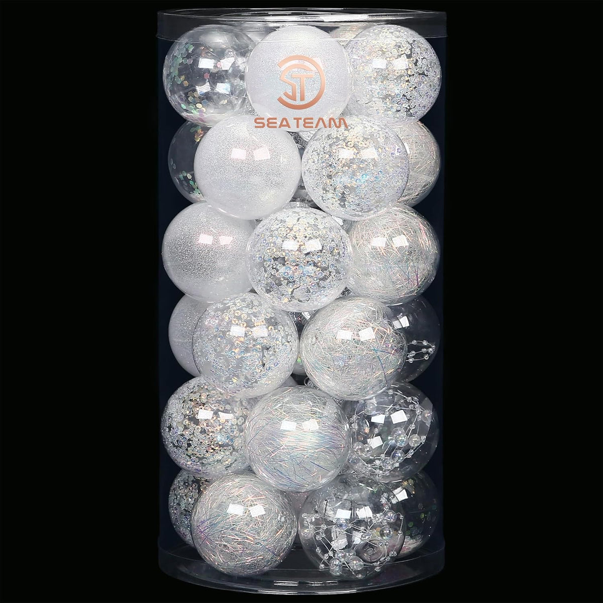 Sea Team Shatterproof Clear Plastic Christmas Ball Ornaments Decorative Xmas Balls Baubles Set with Stuffed Delicate Decorations (60mm/2.36 inch 30-Pack, Iridescent)