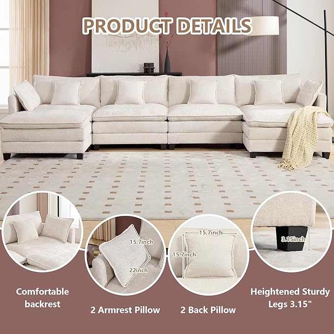 Plush Modular Cloud Sofa Set with Ottoman | L/U-Shaped Deep Seating Chenille Sectional for Family Living Room