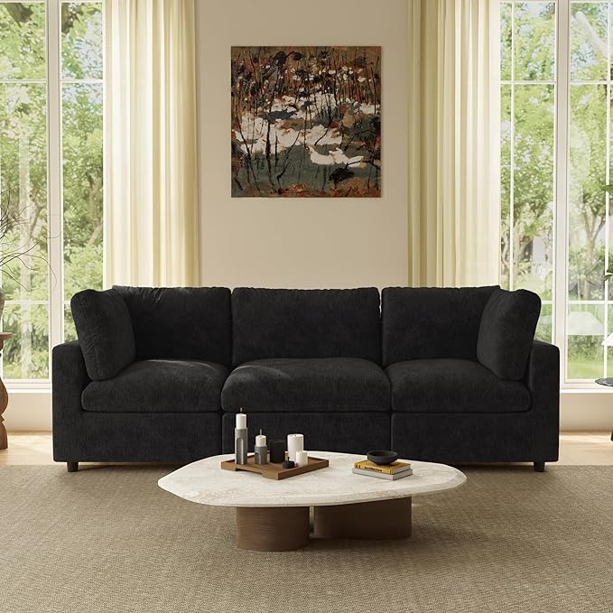 WJShome Modern Sectional Couches for Living Room,100 Inch 3-Seater Chenille Deep Seat Modular Sofa, Cloud Couch for Bedroom and Apartment，Black