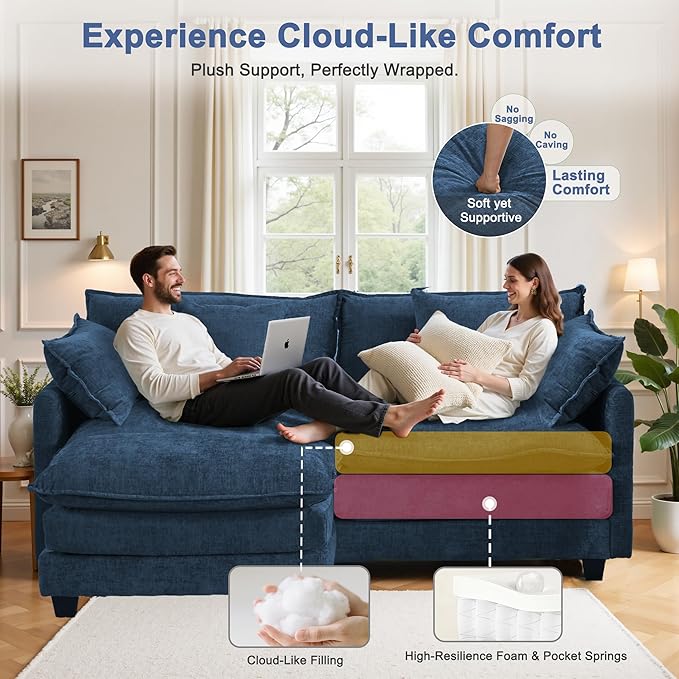 Cloud Chenille L-Shaped Sofa with Ottoman, 77" Space Saving Sectional Loveseat with Chaise, for Small Spaces, Easy Assembly, 1YR Warranty