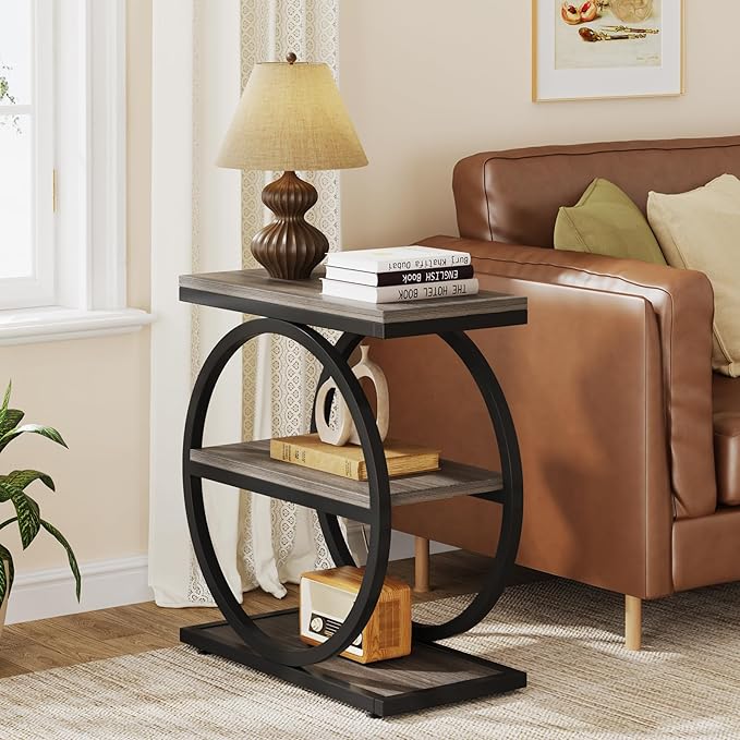 LITTLE TREE 3-Tier End Table Set 2, Grey Side End Table with Storage Shelves, Small Sofa Side Table for Living Room, Slim Nightstand and Bedside Table with Black Double Round Metal Legs
