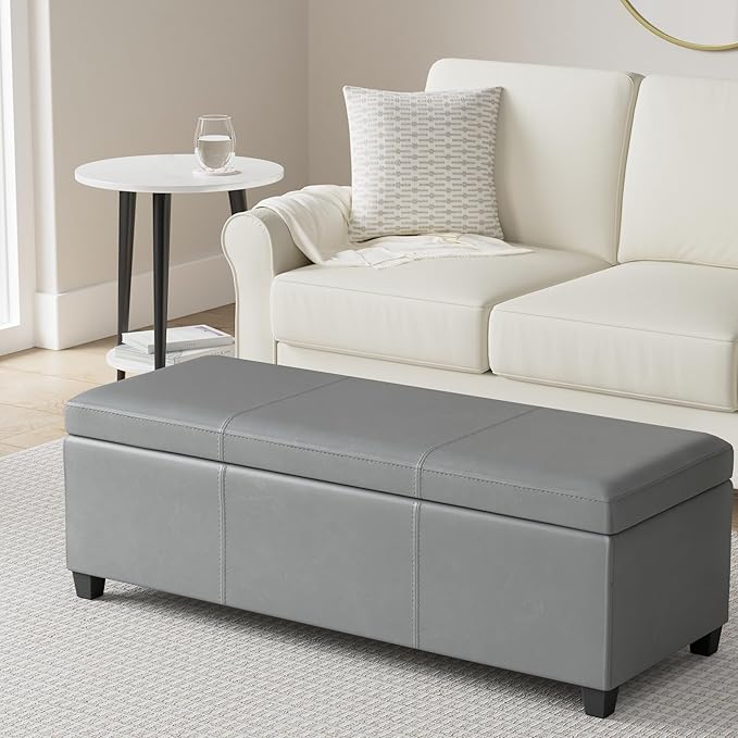 SIMPLIHOME Avalon Storage Ottoman Bench - 48 inch Wide Upholstered Vegan Leather Rectangular Lift-Top Ottoman in Stone Grey, Contemporary Storage Bench for Living Room with High-Density Foam
