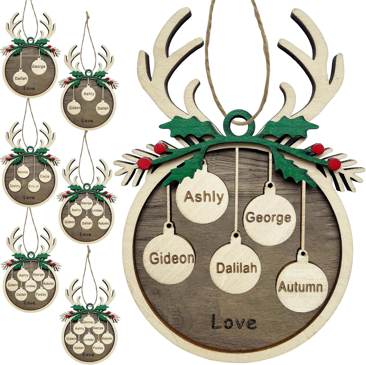 2025 Personalized Christmas Ornaments Family of 2/3/4/5/6/7/8,Custom Reindeer Christmas Wooden Ornaments Deorations with Names,Customized Xmas Ornament Tree Deorations,Personalized