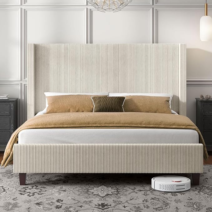 HOWE California King Size Upholstered Platform Bed Frame, Wingback Bed with 50.8" Headboard, Corduroy/Solid Wood Leg/No Box Spring Needed/Noise Free Sturdy Structure/Cream
