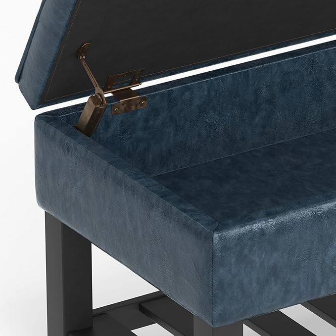 SIMPLIHOME Cosmopolitan Storage Ottoman Bench - 44 inch Wide Upholstered Vegan Leather Rectangle Storage Ottoman in Denim Blue, Transitional Bench for Bedroom with Tufted Lift-Top and Open Shelf