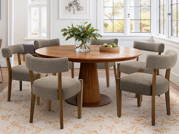 Modern Dining Chairs Set of 4, Walnut Upholstered Kitchen & Dining Room Chairs, Mid Century Wooden Dining Chairs Oversized Sturdy Fabric Rounded Chairs Curved Back, Tan Brown