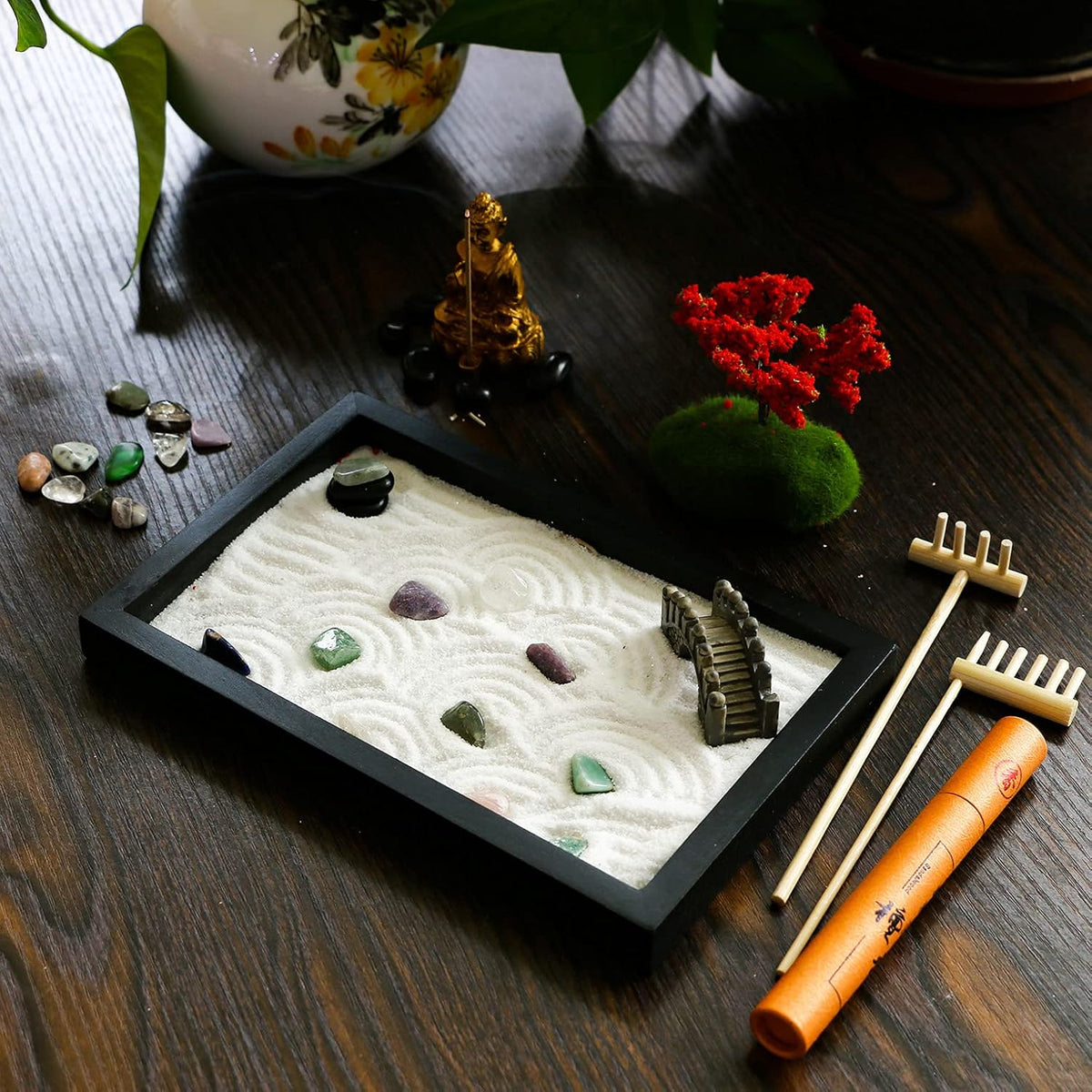 Mini Meditation Zen Garden Kit - Japanese Tabletop Rock Sand Chakra Buddha Garden Home Office Desk Decor Gifts for Father Mother Birthday - Sandbox w/Rake Tool Accessories