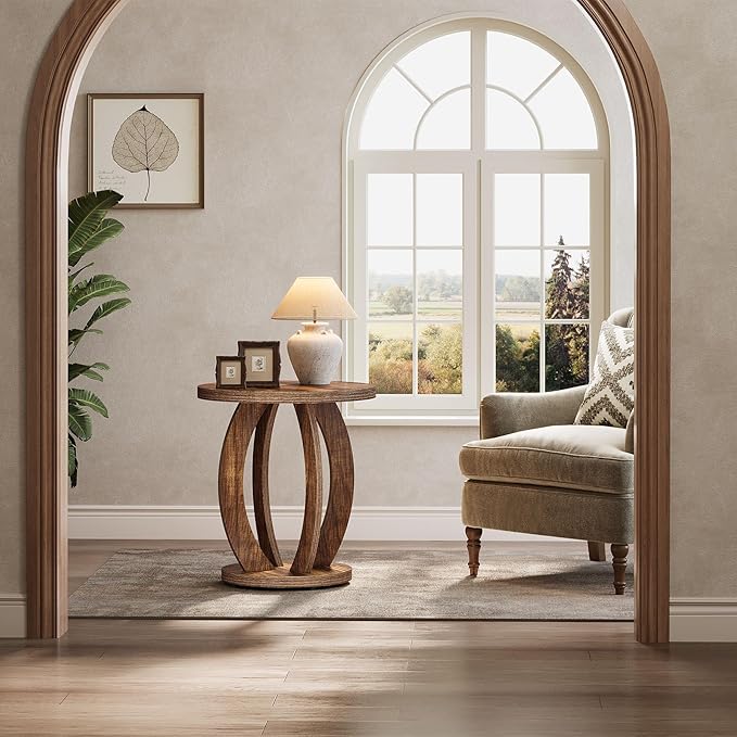 Tribesigns End Table, Round Side Table with Storage, Farmhouse Nightstand Bedside with Round Tabletop, Accent End Table for Living Room Bedroom Small Space, Wooden Accent Furniture (1, Dark Brown)