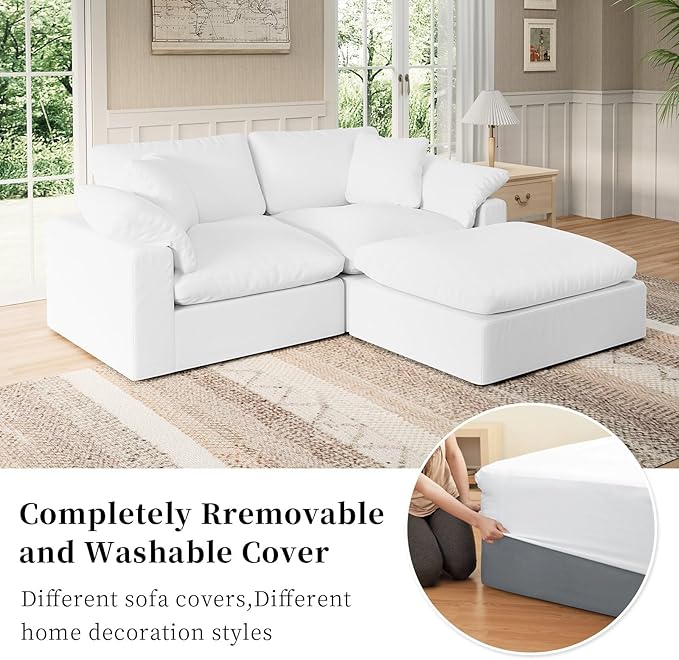 Modular Sectional Sofa Cloud Couch,Down Filled Comfy Cloud Modern Sofa,White Linen L Shape Oversized Couch Cushion Covers Removable for Living Room