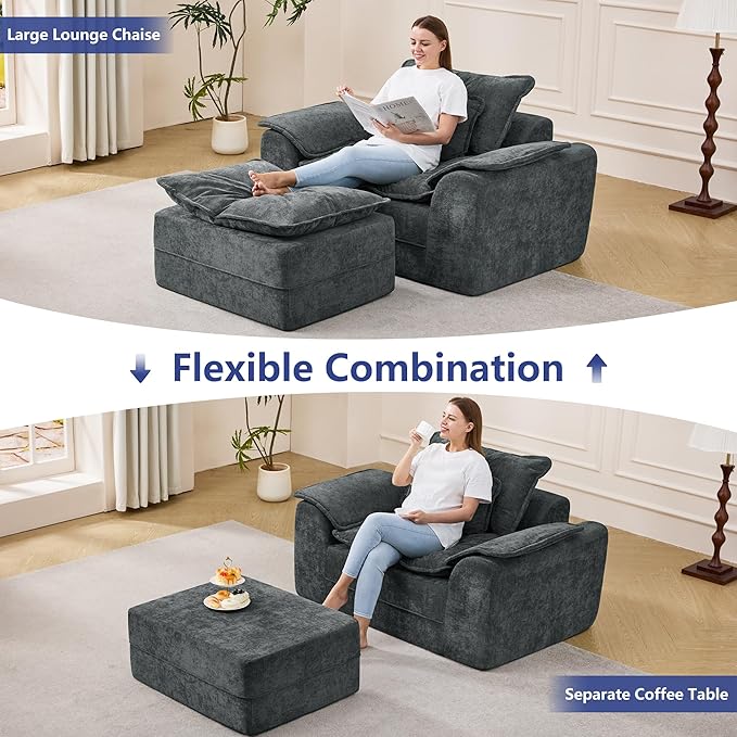 Hobestluk Cloud Single Sofa Memory Foam Couch with Deep Seat L Shaped Sofa with Removable Cover Large Couch for Living Room (Blue Grey, Single Sofa)
