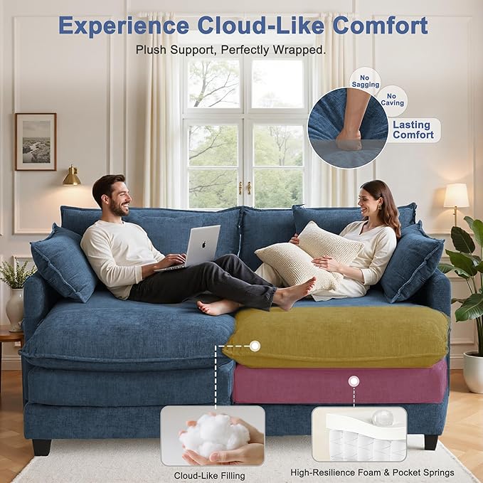 Expandable L-Shaped Sectional Sofa with Ottoman for Apartments, 77" Cloud Chenille Sofa, Create a U-Shape Layout with Optional 2nd Ottoman, Solid Wood Frame, Easy Assembly