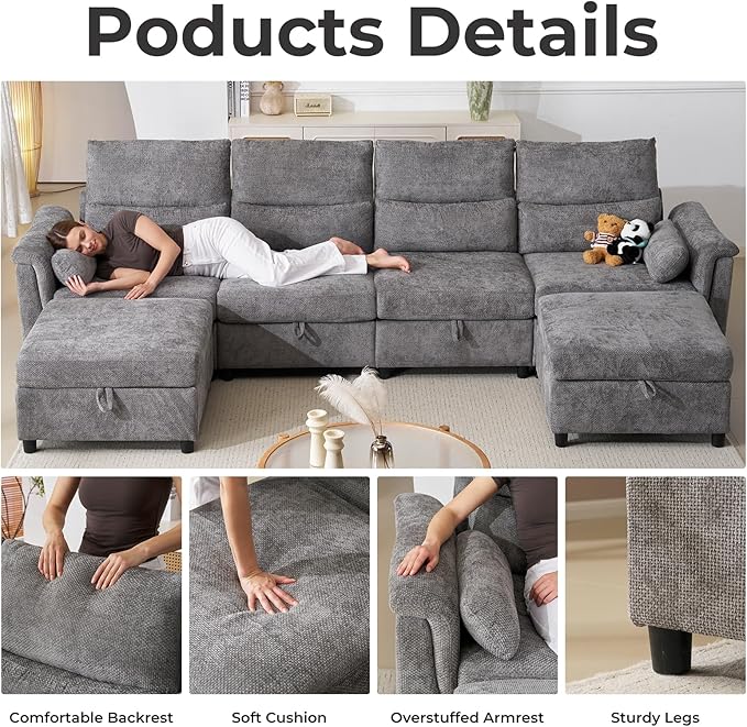 132'' Modular Sectional Sofa, U Shaped Comfy Cloud Couch with Large Storage, Extra Deep Seat, Modern Chenille Sofa with Chaise, 6 Seat Convertible Couches for Living Room, Grey