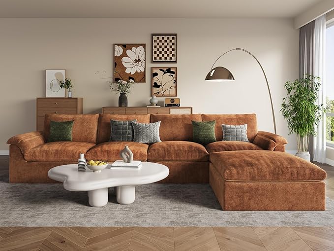 EASE MOOSE Oversized Cloud Couch Sectional Sofa, L-Shaped Large Modular Couch for Living Room, Minimalist Boneless Convertible Couches with Ottoman, 5-Seat Deep Sofas for Bedroom, Chenille (Brown)