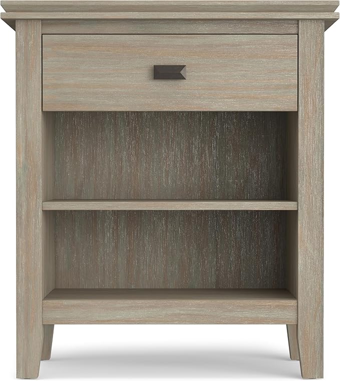 SIMPLIHOME Artisan Bedside Table - 24 inch Wide Solid Wood Nightstand Table in Distressed Grey, Contemporary Bedroom Side or End Table with 1 Drawer, Open Shelf Storage and Bronze Knobs