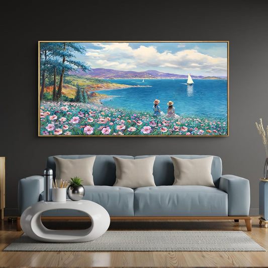 XLSJERST Large Landscape Wall Art - Blue Ocean Pink Flower Sailboat Mountain Tree Decor Orange Frame Artwork for Wall Large Picture for Living Room Bedroom Home Office Wall Decoration Size 24x48