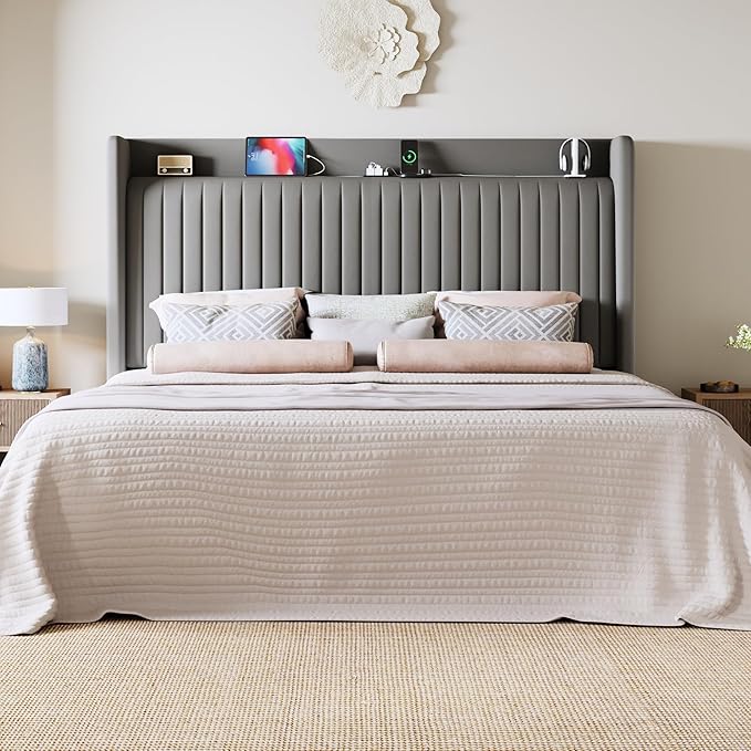 Allewie Queen Size Platform Bed Frame with USB Charging Station and Storage Shelf/Upholstered Velvet Wingback Headboard/Wooden Slats Support/No Box Spring Needed/Easy Assembly, Grey