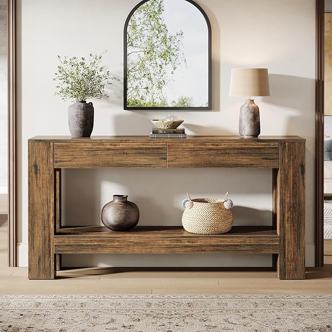 Tribesigns 63" Console Table with 2 Drawers, Farmhouse Entryway Table with Storage Shelf and Sturdy Legs, Wooden Sofa Table for Living Room, Hallway, Entrance (Dark Brown)