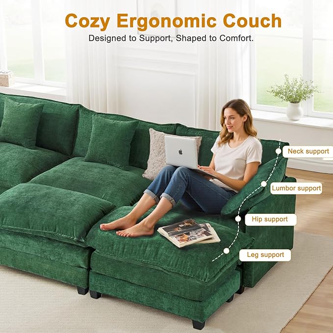 Expandable Modular Sectional Sofa with Ottoman, 111.4" Cloud Chenille U-Shape Couch, Reversible Chaise & 2nd Ottoman for Large Spaces, Deep Seat, Solid Wood Frame