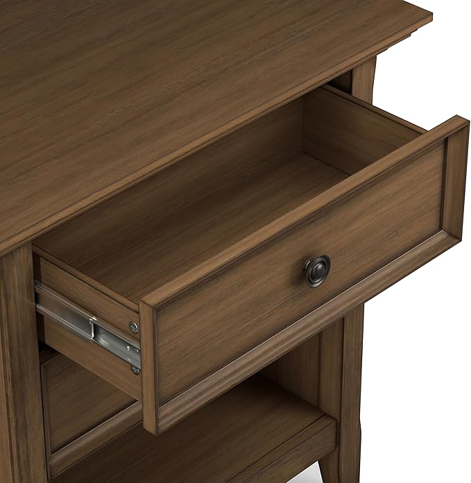 SIMPLIHOME Amherst Bedside Table - 24 inch Wide Solid Wood Nightstand Table in Rustic Natural Aged Brown, Transitional Bedroom Side or End Table with 2 Drawers, Open Storage Shelf and Bronze Hardware