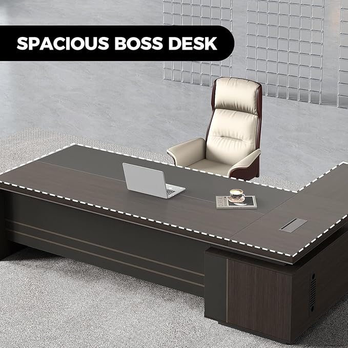 Reversible L Shaped Executive Desk with Lockable Drawers, Power Box & Cable Management, Dual-Tone Modern Wood Office Desk with Storage Cabinets & Privacy Panel for Home Office