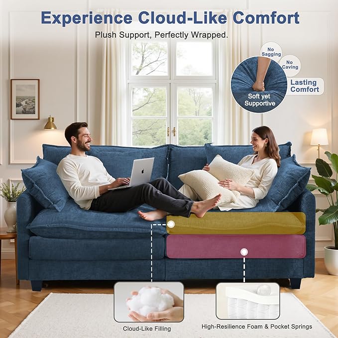 77" Cloud Chenille Sofa Set with Pillows, Deep Seat Loveseat Couch for Apartments, Space Saving 2-Seater with Solid Wood Frame, Easy Assembly (1YR Guarantee)