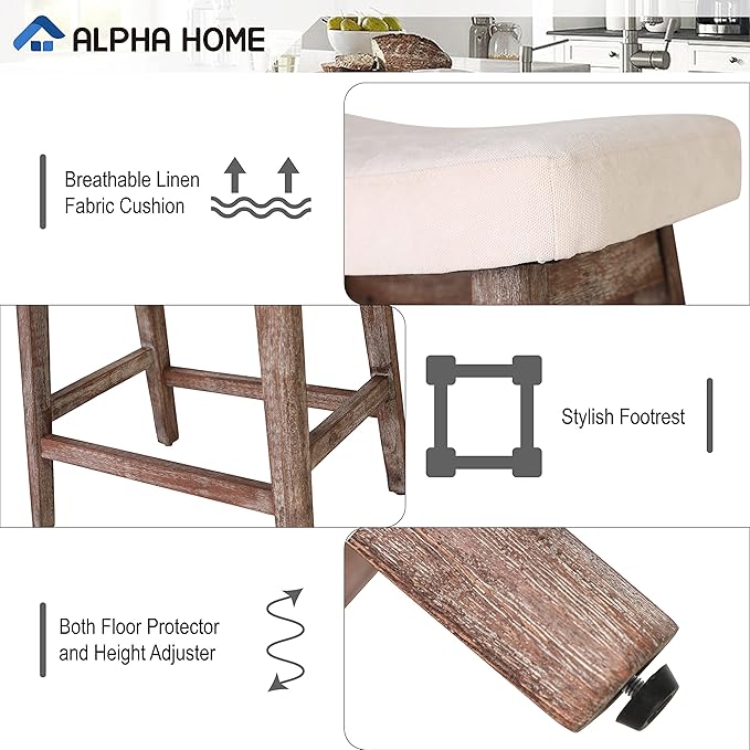 ALPHA HOME Bar Stools Set of 4, Solid Wood Saddle Kitchen Stools with Beige Linen Fabric Cushion Counter Height Barstools with Vintage Farm Wooden Base for Kitchen Dining Cafe, 24 Inch, Beige, 4PCS