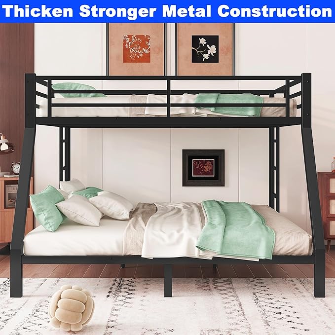 Upgraded Version Thicken Stronger Metal Queen Over King Bunk Bed, Heavy-Duty Best Bunk Bed Queen Over King Size, Bunkbed Frame for Adults with Ladders, Easy Assemble (Queen Over King)