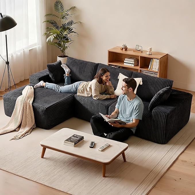 Apicizon 113" Sectional Sofa Couch for Living Room, 3 Seat Boneless Sofa with Chaise Longue, L-Shape Modular Sectional Couches with Deep Seat for Apartment，No Assembly Required (Stripe Corduroy Gray)