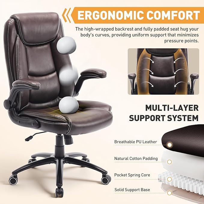 Ergonomic PU Leather Office Chair with Flip-Up Armrests, Reclining Backrest, Adjustable Height & Tilt Tension, Thick Padded Seat, Breathable Leather, 300LBS Capacity Executive Desk Chair,Brown