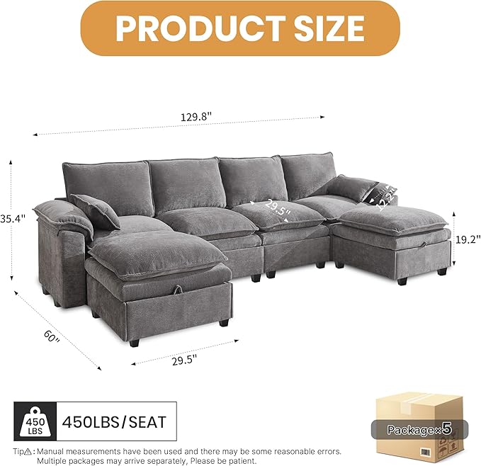 130" U Shaped Modular Sectional Sofa, Couch with Ottoman Storage, Chenille Cloud Couch with Plush Deep Seating for Living Room, Bedroom (6 Seat, Light Grey)