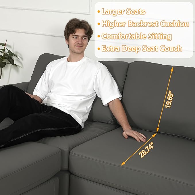 EASE MOOSE Loveseat Sofa for Living Room,Oversized Deep Seat Modular Sectional,Modern Comfy 2 Seater Sofas,Scratch Resistant Faux Leather Couch for Small Spaces,Grey