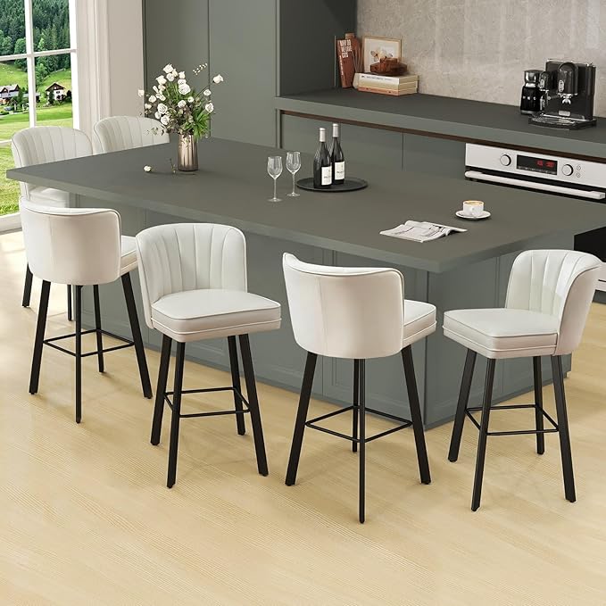 Swivel Counter Height Bar Stools Set of 2, 30'' Modern Barstools with Backs and Metal Legs, Upholstered Bar Chairs, Faux Leather White Stools for Kitchen Island Chairs
