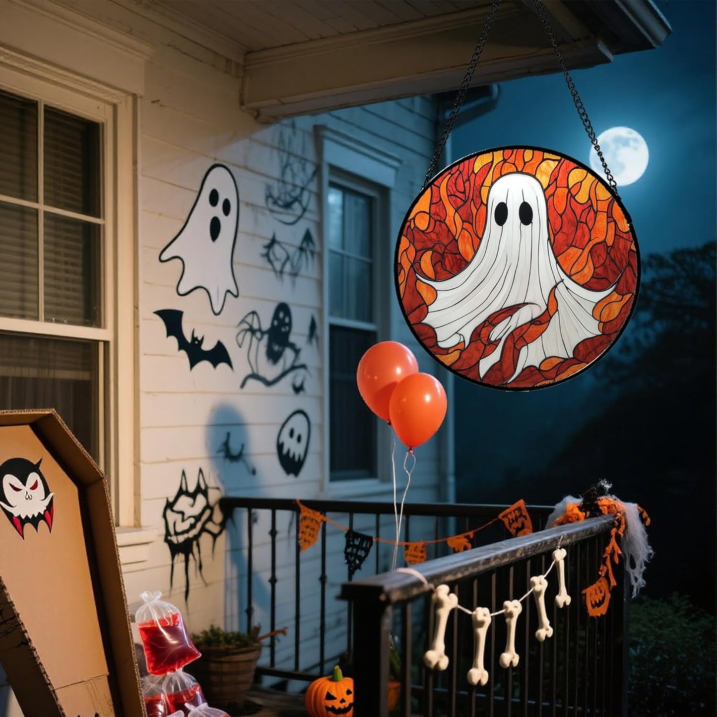 Stained Glass Window Hanging - Halloween Decorations White Ghost Orange Sky Suncatcher for Doors Garden Funny Spooky Sun Catchers Gothic Decor Horror Gifts for Women Men Friend Boy 15 in