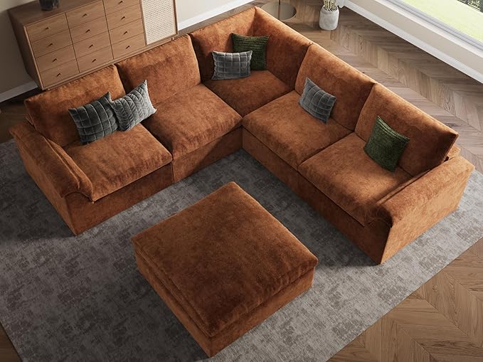 EASE MOOSE Boneless Modular Cloud Couch, Oversized L-Shaped Sectional Sofa for Living Room with Ottoman, Extra Large Movable Couches, 6-Deep-Seat Sofas for Bedroom, Apartment, Chenille (Brown)