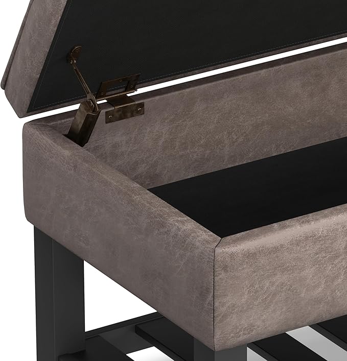 SIMPLIHOME Cosmopolitan Storage Ottoman Bench - 44 inch Wide Upholstered Vegan Leather Rectangle Storage Ottoman in Distressed Grey Taupe, Transitional Bench for Bedroom with Tufted Lift-Top and Shelf