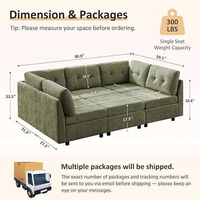 VANOMi 5 Seat Cloud Couches for Living Room with Ottoman, Convertible Modular Sectional Sofa Bed, Chenille Cloud Sofas & Couches for Apartment, Office, Olive Green, Sofa Bed