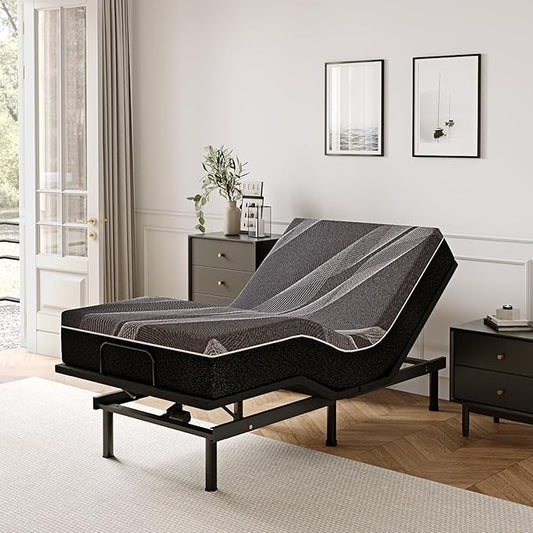 Full Adjustable Bed Base Frame with Wireless Remote + 12 Inch Full Gel Memory Foam Mattress Bed in a Box, Head and Foot Incline, Zero Gravity, Fiberglass Free, 75" × 54"