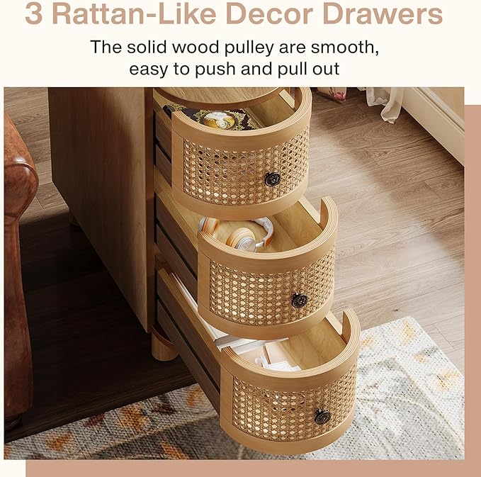 Tribesigns Solid Wood End Table, 3-Drawer Rattan Side Table, Night Stand with 3 Rattan Drawers and Exquisite Embossed Handles for Living Room, No Assembly Required (2, Oak)