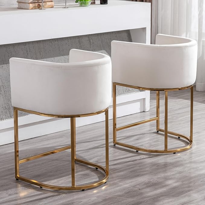 Cream Velvet Bar Stools Set of 4, 24" Contemporary Upholstered Fabric Counter Height Barstools Kitchen Counter Island Stools with Golden Metal Base