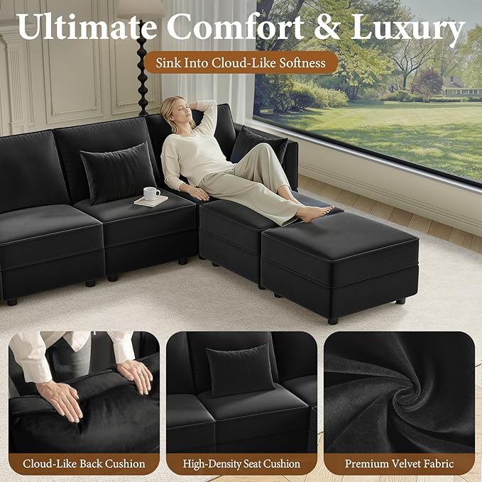 Vesgantti Sectional Sleeper Sofas with Storage, 92" Sofa Bed with 6 Seats Storage Chaises Removeble Cover, Deep Seat Modular Couches Velvet Couch Set for Living Room, Apartment, Home Theatre, Black
