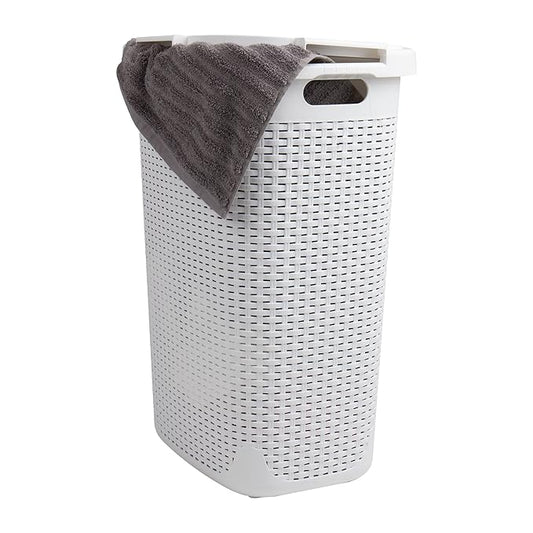 Mind Reader Slim Laundry Hamper with Lid, 60L Clothes Basket, Premium Wicker Design, Plastic, White