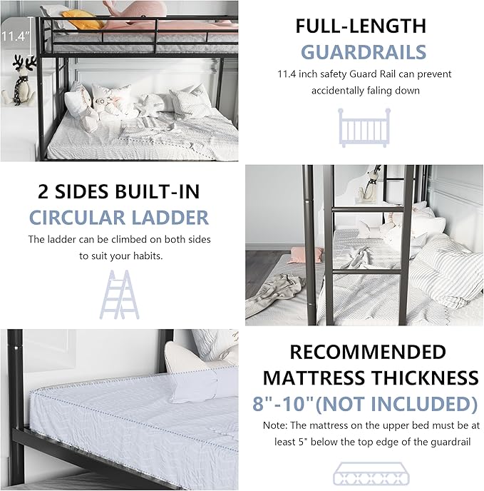 SUNLEI Bunk Bed Twin Over Twins with Trundle, Metal Loft Bed with 2 Secured Ladders, Trundle Beds Twin Safety Guard, Space-Saving, Noise Free for Small Bedroom, Black (Twin Over Twins)