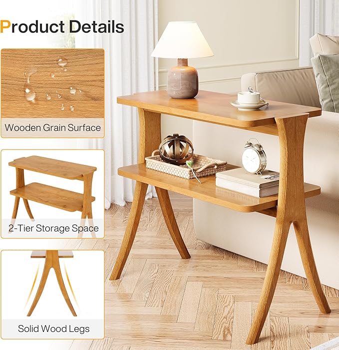 Tribesigns Narrow Side Table for Living Room, Farmhouse End Table with 2-Tier Storage Shelf and Solid Wood Legs, Slim Tall Bedside Table Nightstand for Bedroom, Small Spaces, Entryway, Brown(1)