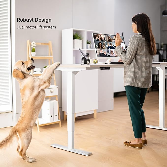 Progressive Desk Stand Up Height Adjustable Electric Standing Desk - 48" x 30" with Dual Motor, 3 Stages Sit Stand Table - Ebony Oak, White Frame