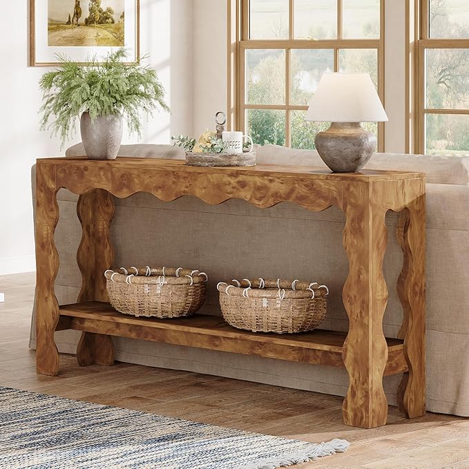 Tribesigns 63 Inch Entryway Table, Modern Rustic Entry Table with Scalloped Edge & Storage Shelf, Accent Narrow Long Sofa Table Behind Couch Console Tables for Entryway, Living Room, Light Brown