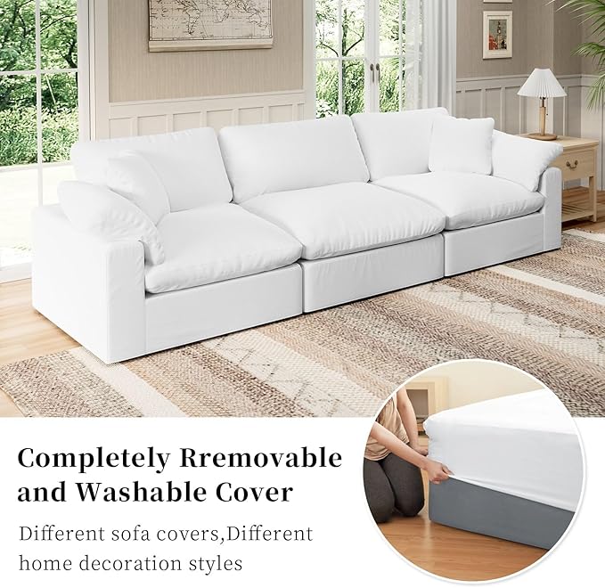 Modular Sectional Sofa Cloud Couch,Down Filled Comfy Cloud Modern Sofa,White Linen Oversized Couch Cushion Covers Removable for Living Room(3 Seater)